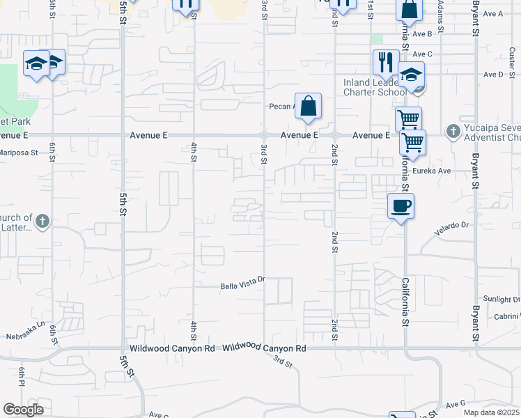 map of restaurants, bars, coffee shops, grocery stores, and more near 12690 3rd Street in Yucaipa