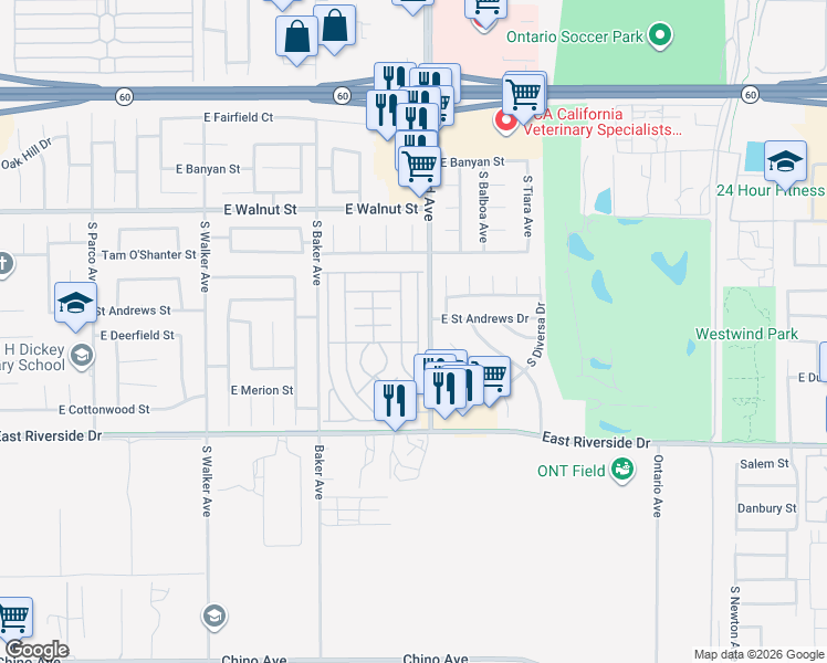 map of restaurants, bars, coffee shops, grocery stores, and more near 1855 East Riverside Drive in Ontario