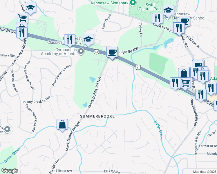 map of restaurants, bars, coffee shops, grocery stores, and more near 3242 Summer Stream Lane in Kennesaw
