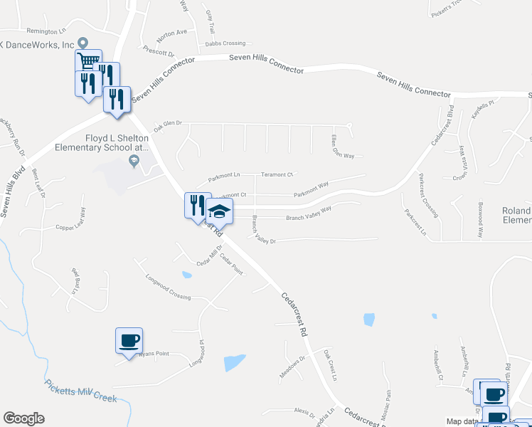 map of restaurants, bars, coffee shops, grocery stores, and more near 39 Branch Valley Way in Dallas