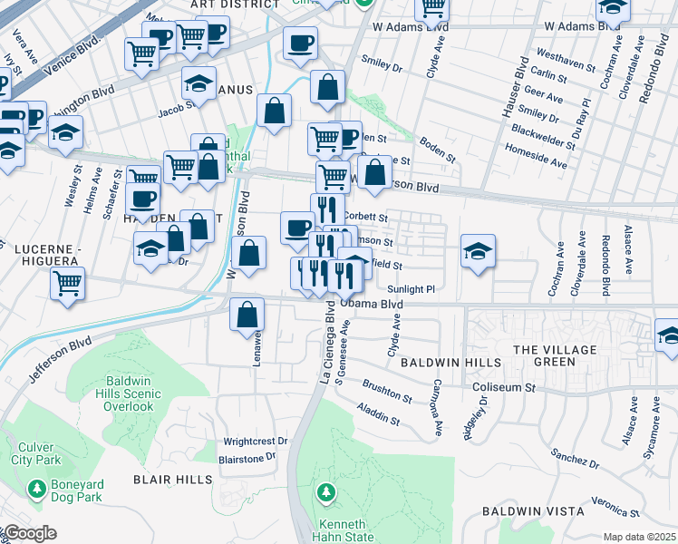 map of restaurants, bars, coffee shops, grocery stores, and more near 5780 Bowesfield Street in Los Angeles
