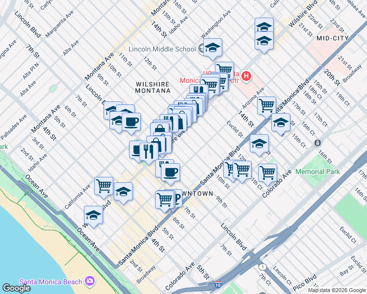 map of restaurants, bars, coffee shops, grocery stores, and more near in Santa Monica