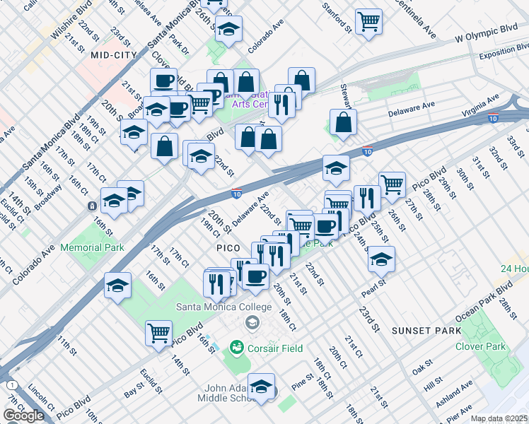 map of restaurants, bars, coffee shops, grocery stores, and more near 1916 22nd Street in Santa Monica