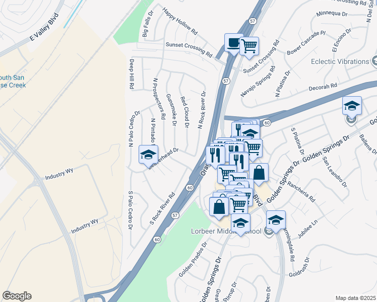 map of restaurants, bars, coffee shops, grocery stores, and more near 123 North Rock River Drive in Diamond Bar