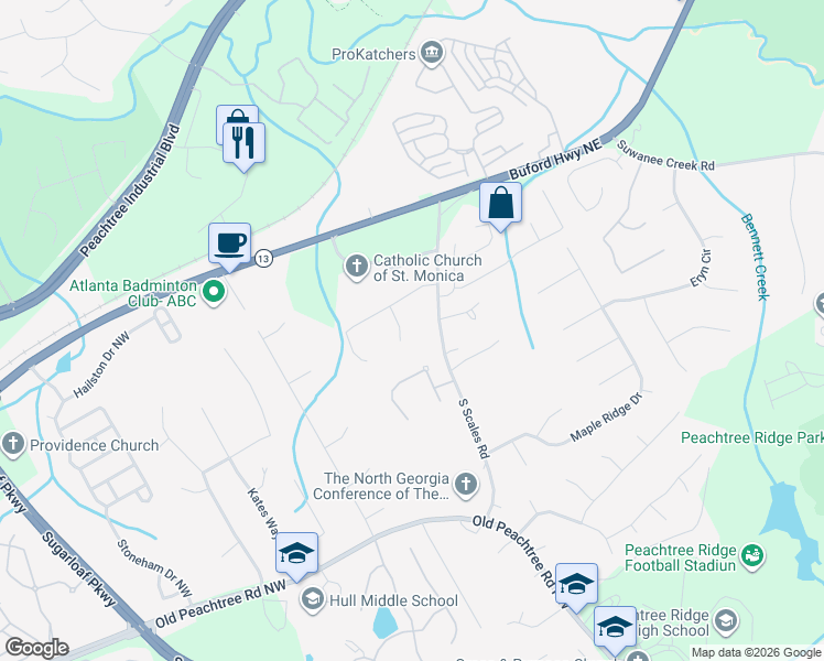 map of restaurants, bars, coffee shops, grocery stores, and more near 3494 Debbie Court Northwest in Duluth