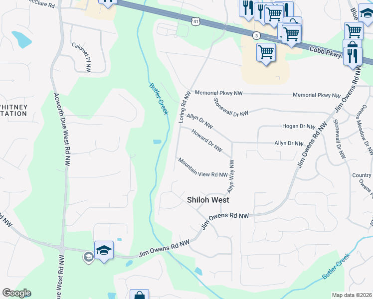 map of restaurants, bars, coffee shops, grocery stores, and more near 3918 Mountain View Road Northwest in Kennesaw