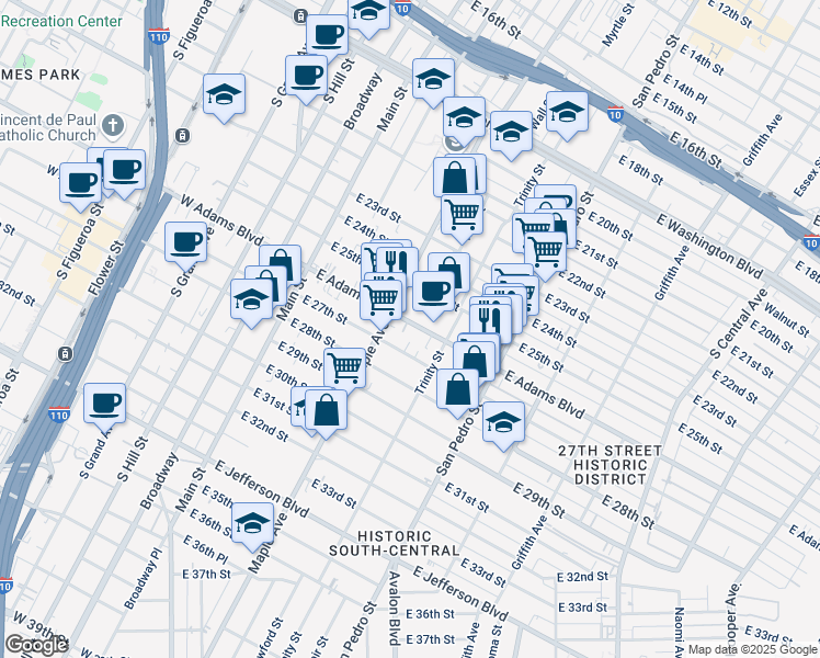 map of restaurants, bars, coffee shops, grocery stores, and more near 426 East Adams Boulevard in Los Angeles