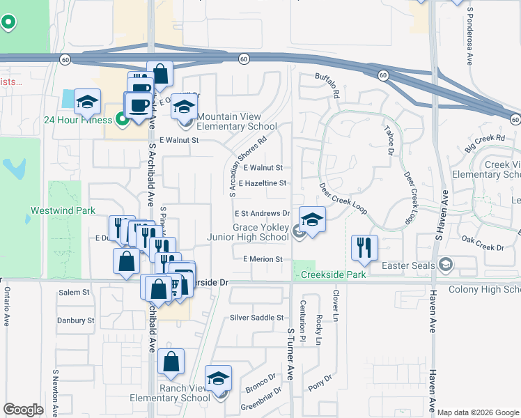 map of restaurants, bars, coffee shops, grocery stores, and more near 3001 East Saint Andrews Drive in Ontario