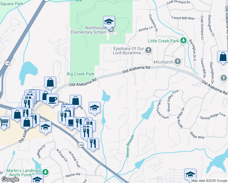 map of restaurants, bars, coffee shops, grocery stores, and more near 155 Ansley Court in Roswell