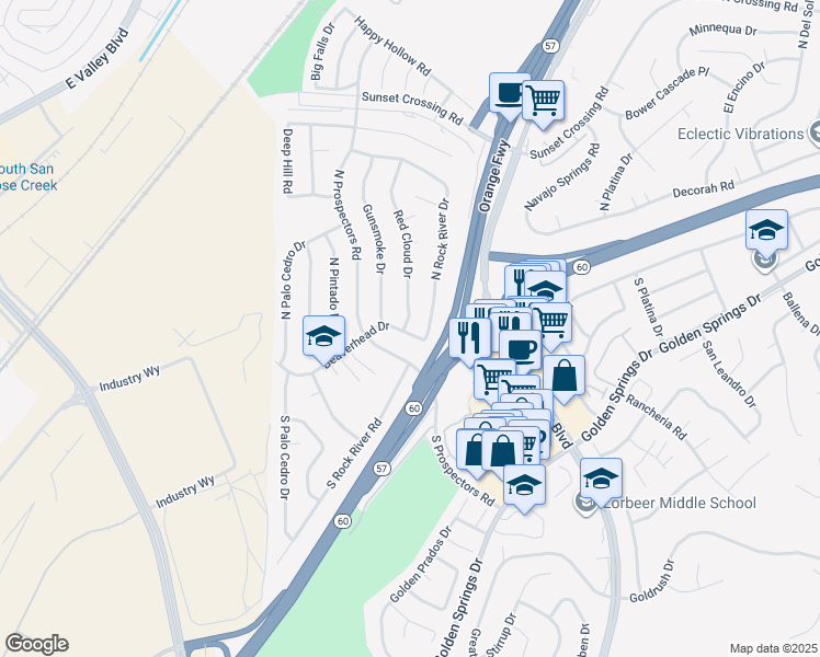 map of restaurants, bars, coffee shops, grocery stores, and more near 104 Red Cloud Drive in Diamond Bar