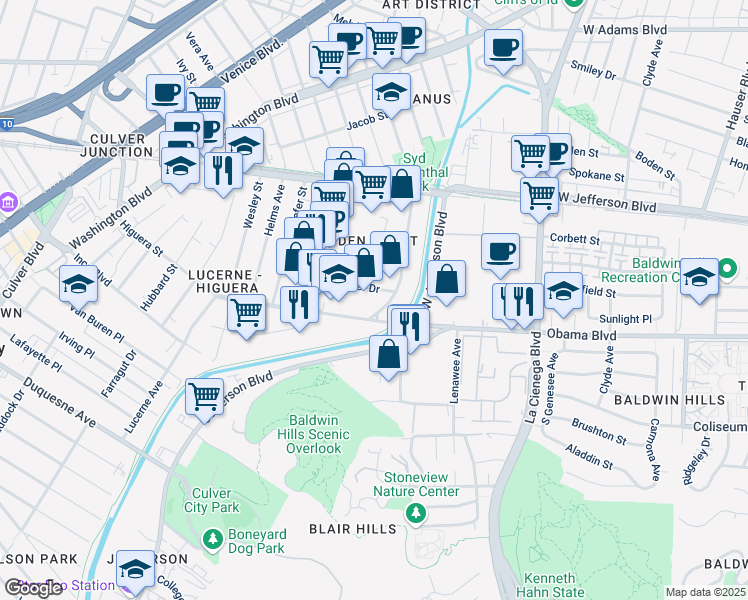 map of restaurants, bars, coffee shops, grocery stores, and more near 8476 Warner Drive in Culver City