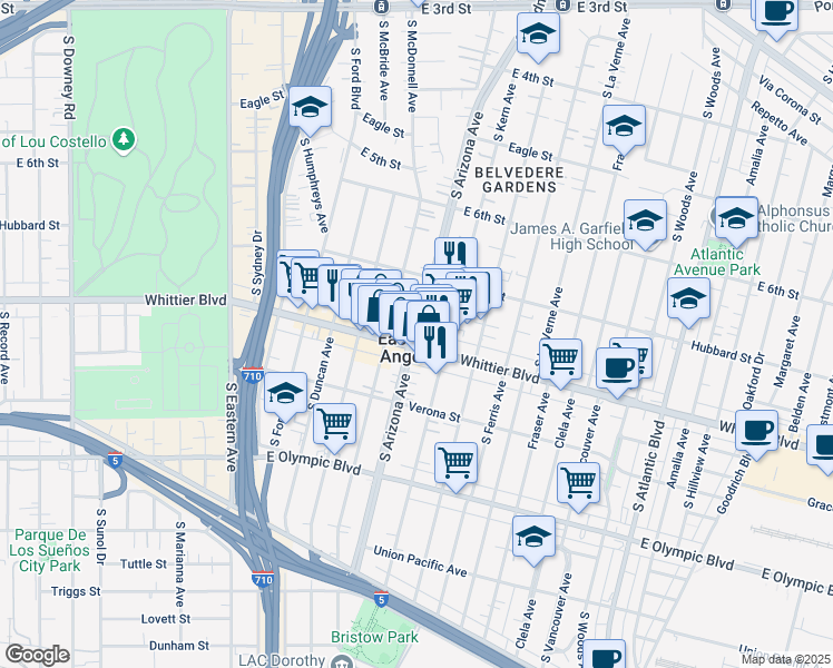map of restaurants, bars, coffee shops, grocery stores, and more near 806 South Arizona Avenue in East Los Angeles