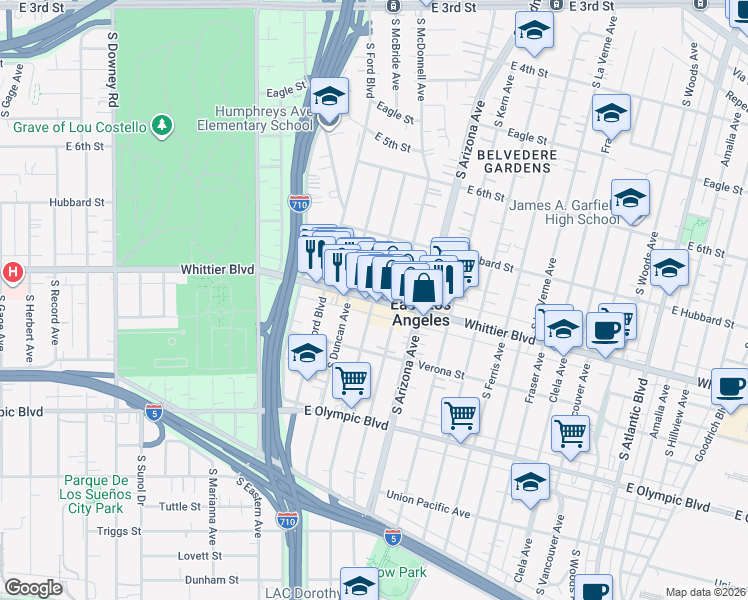 map of restaurants, bars, coffee shops, grocery stores, and more near Whittier Boulevard & South McBride Avenue in Los Angeles