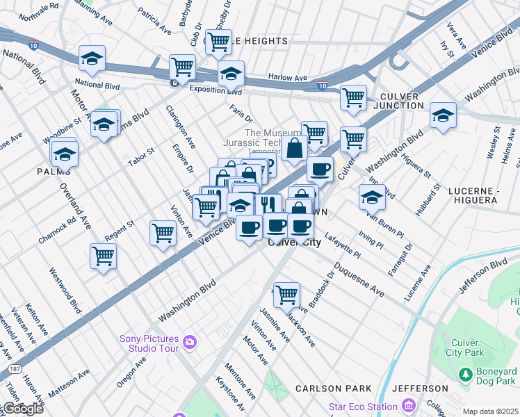map of restaurants, bars, coffee shops, grocery stores, and more near 9900 Venice Boulevard in Culver City
