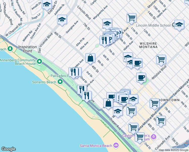 map of restaurants, bars, coffee shops, grocery stores, and more near 837 3rd Street in Santa Monica