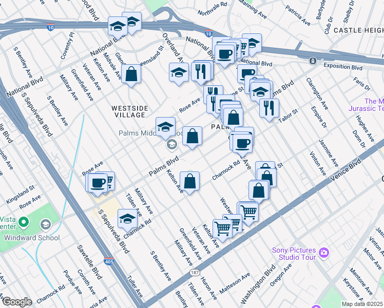 map of restaurants, bars, coffee shops, grocery stores, and more near 10820 Palms Boulevard in Los Angeles