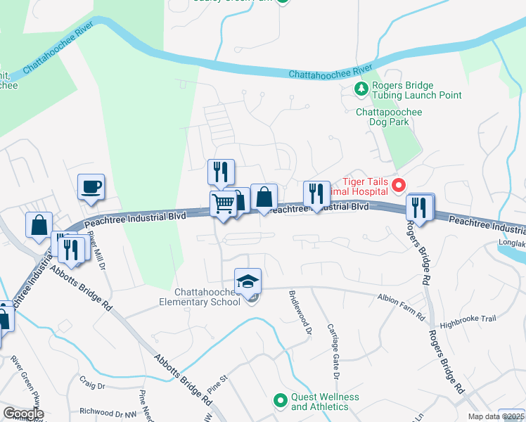 map of restaurants, bars, coffee shops, grocery stores, and more near Peachtree Industrial Boulevard in Duluth