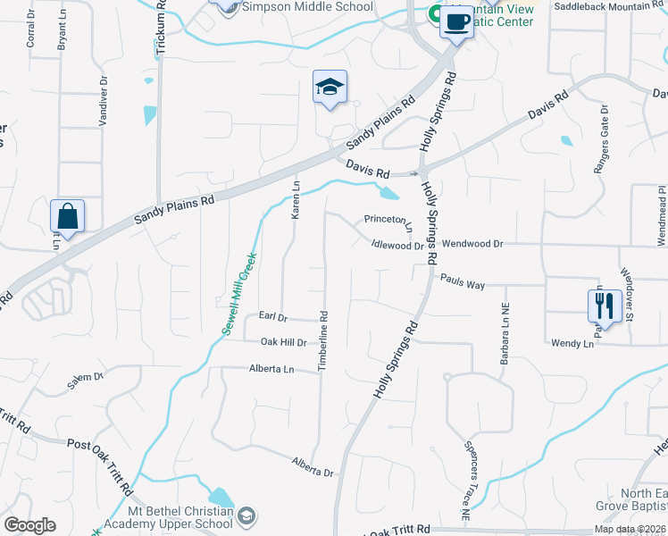 map of restaurants, bars, coffee shops, grocery stores, and more near 2972 Timberline Road in Marietta
