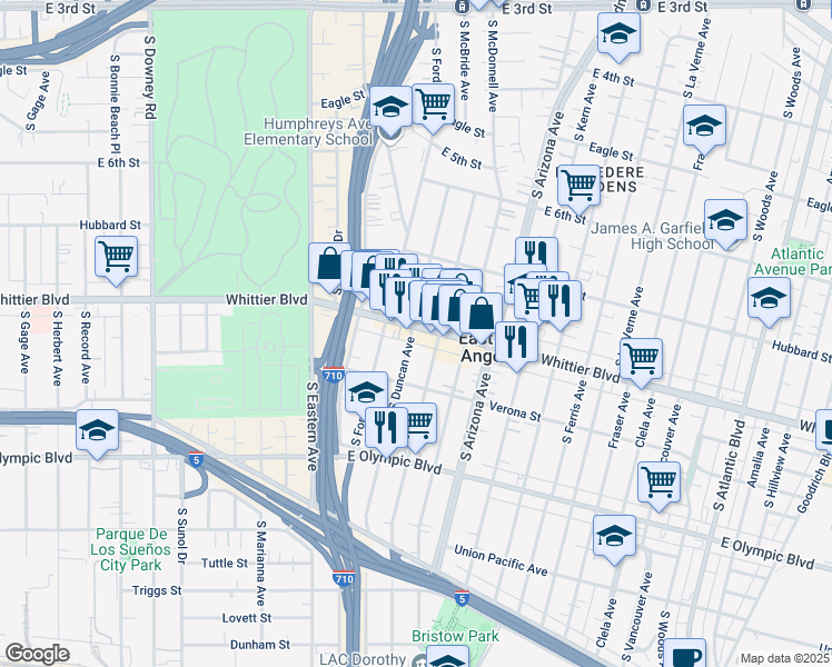 map of restaurants, bars, coffee shops, grocery stores, and more near 4532 Whittier Boulevard in East Los Angeles