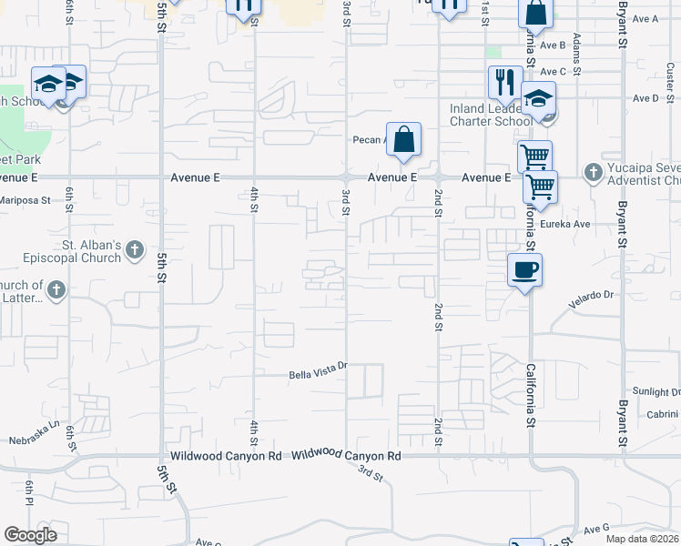 map of restaurants, bars, coffee shops, grocery stores, and more near 12690 3rd Street in Yucaipa