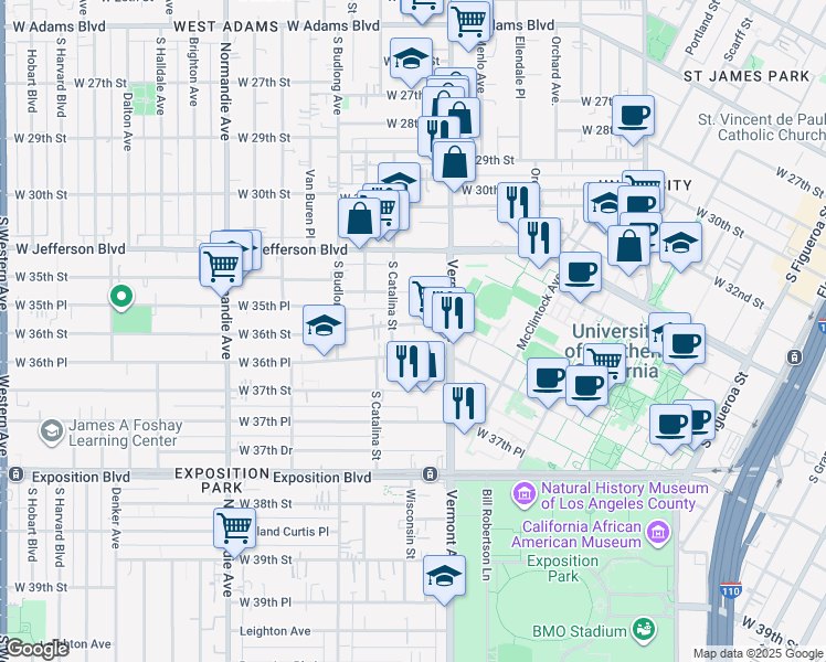 map of restaurants, bars, coffee shops, grocery stores, and more near 1142 West 36th Street in Los Angeles