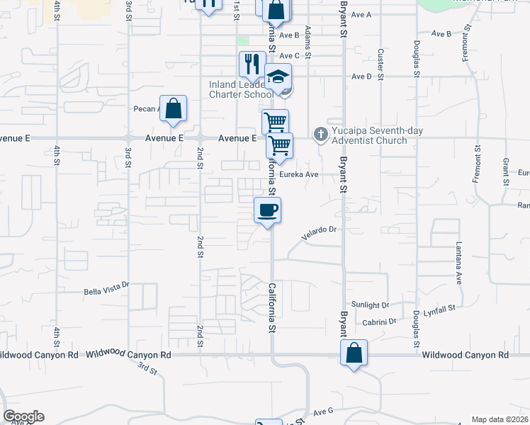 map of restaurants, bars, coffee shops, grocery stores, and more near 12704 California Street in Yucaipa