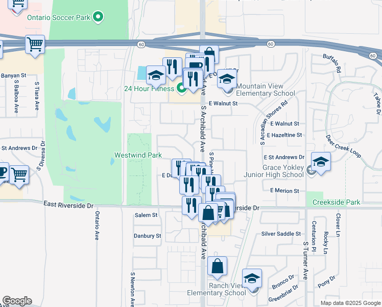 map of restaurants, bars, coffee shops, grocery stores, and more near 2750 South Canterbury Trail in Ontario