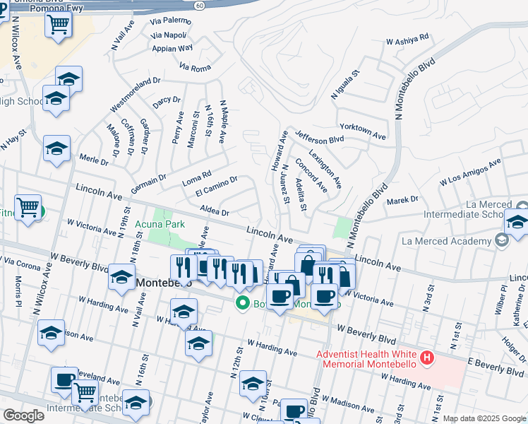 map of restaurants, bars, coffee shops, grocery stores, and more near 712 North Taylor Avenue in Montebello