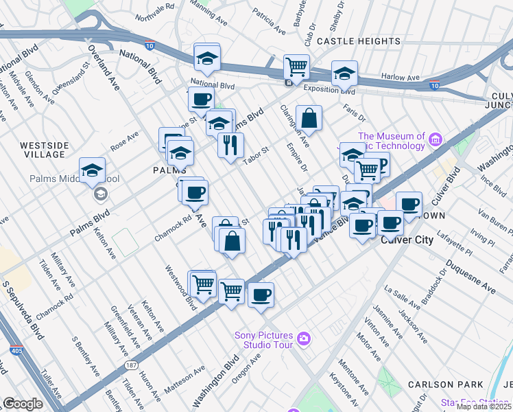 map of restaurants, bars, coffee shops, grocery stores, and more near 3690 Motor Avenue in Los Angeles