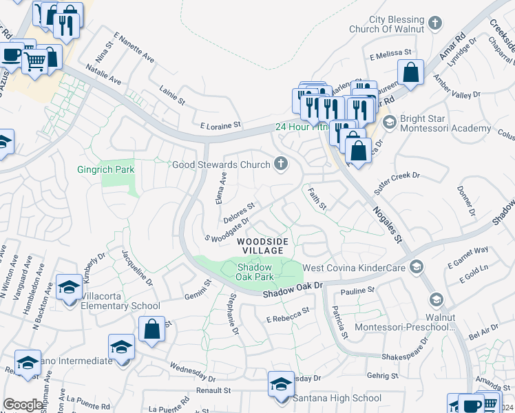 map of restaurants, bars, coffee shops, grocery stores, and more near 2056 Delores Street in West Covina