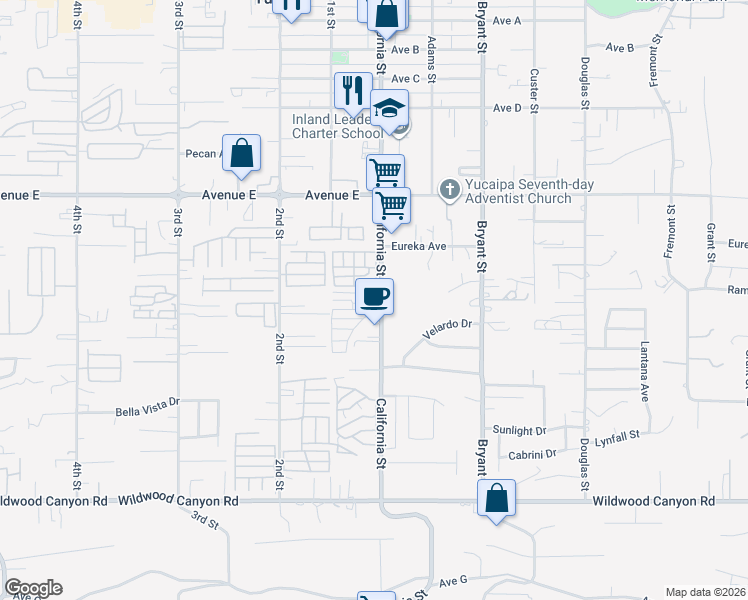 map of restaurants, bars, coffee shops, grocery stores, and more near 12704 California Street in Yucaipa