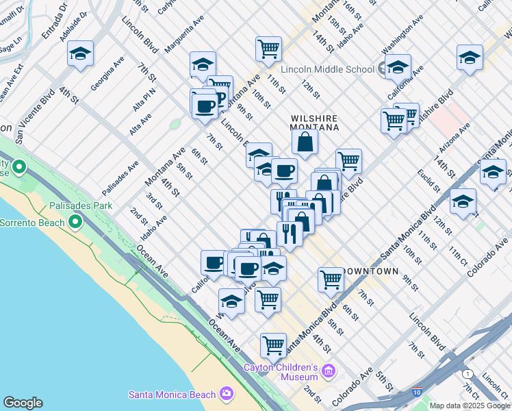 map of restaurants, bars, coffee shops, grocery stores, and more near 1033 6th Street in Santa Monica