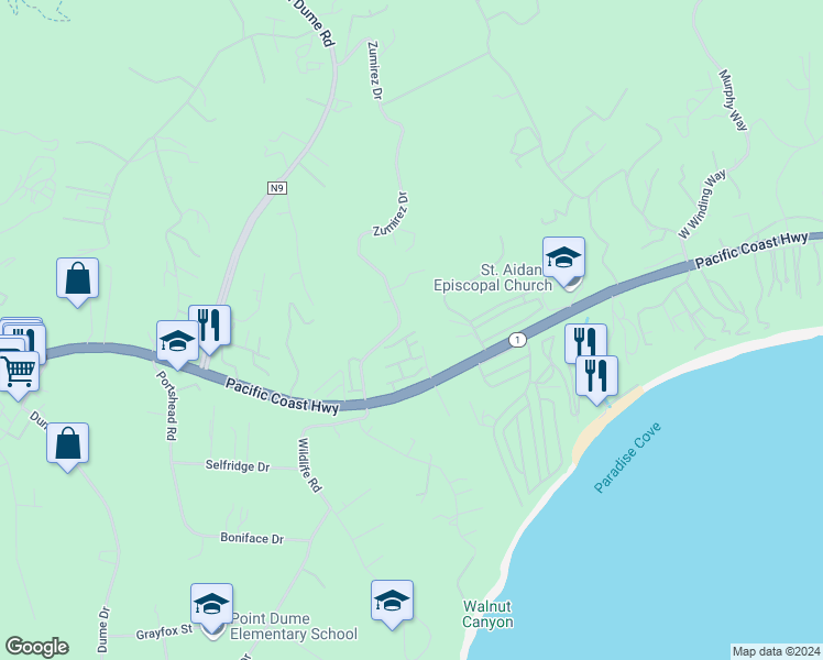 map of restaurants, bars, coffee shops, grocery stores, and more near 6463 Zuma View Place in Malibu