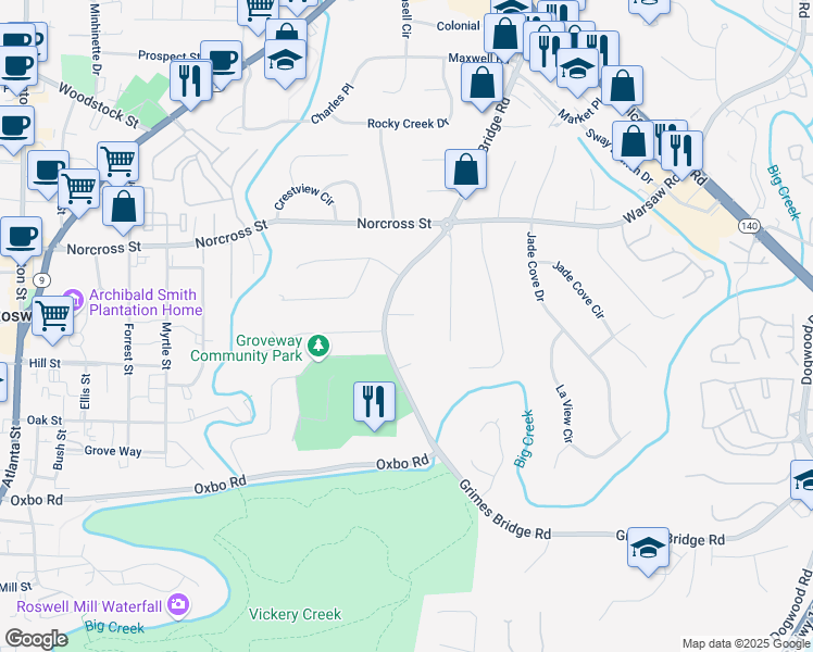 map of restaurants, bars, coffee shops, grocery stores, and more near 505 Brentwood Court in Roswell