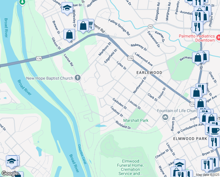 map of restaurants, bars, coffee shops, grocery stores, and more near 727 Darlington Street in Columbia