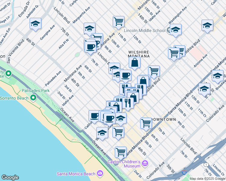 map of restaurants, bars, coffee shops, grocery stores, and more near 1033 6th Street in Santa Monica