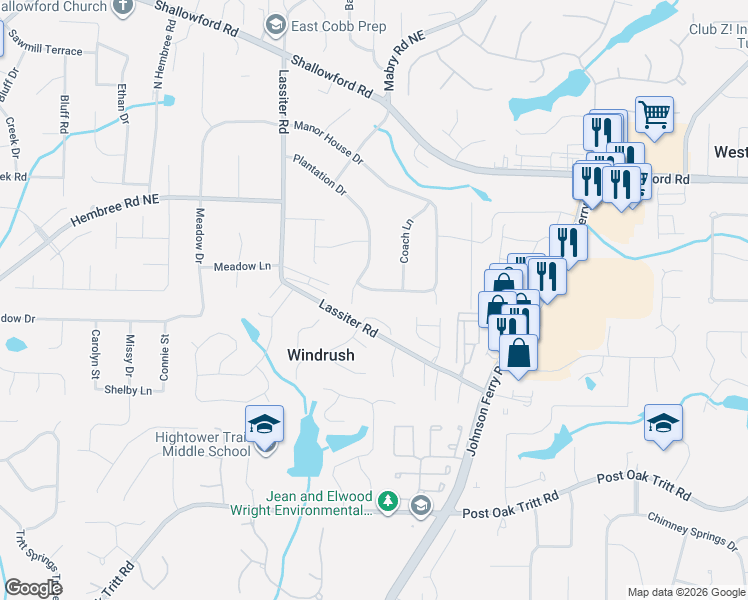 map of restaurants, bars, coffee shops, grocery stores, and more near 4211 Manor House Drive in Marietta