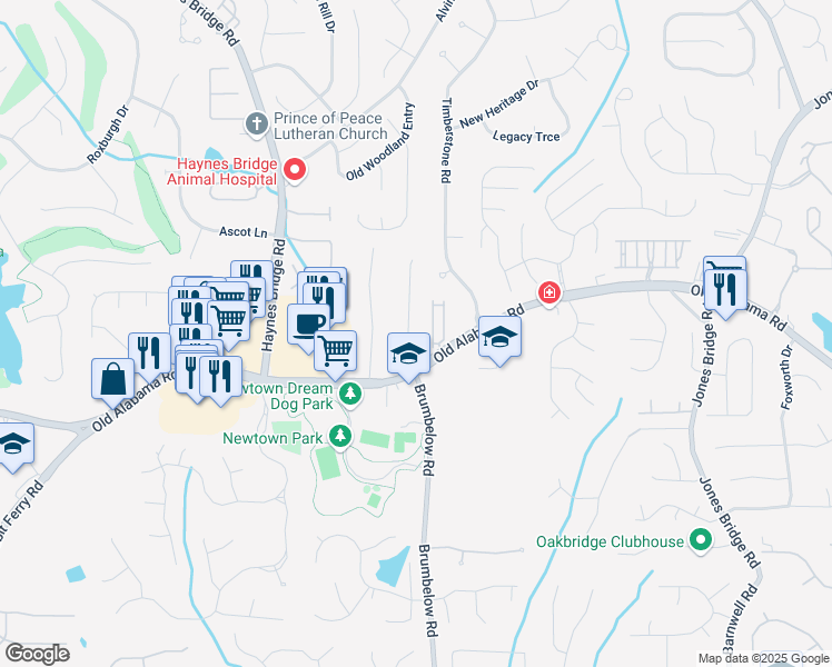 map of restaurants, bars, coffee shops, grocery stores, and more near 9975 Feather Sound Court in Alpharetta