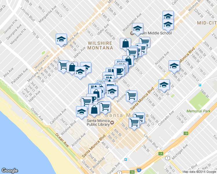 map of restaurants, bars, coffee shops, grocery stores, and more near 827 Wilshire Boulevard in Santa Monica