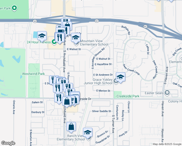 map of restaurants, bars, coffee shops, grocery stores, and more near 2912 East Brookside Court in Ontario