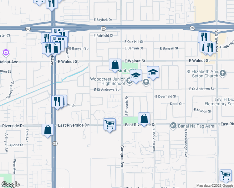 map of restaurants, bars, coffee shops, grocery stores, and more near 664 East Saint Andrews Street in Ontario