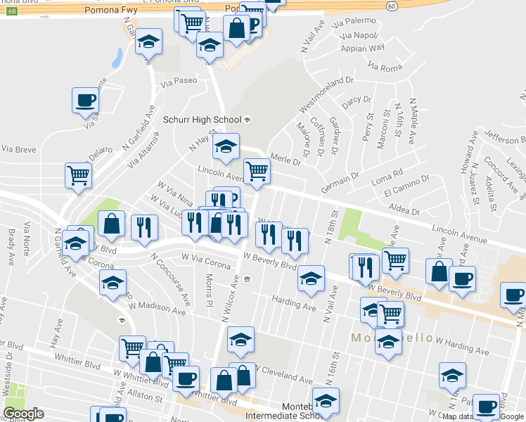 map of restaurants, bars, coffee shops, grocery stores, and more near 62 North Wilcox Avenue in Montebello