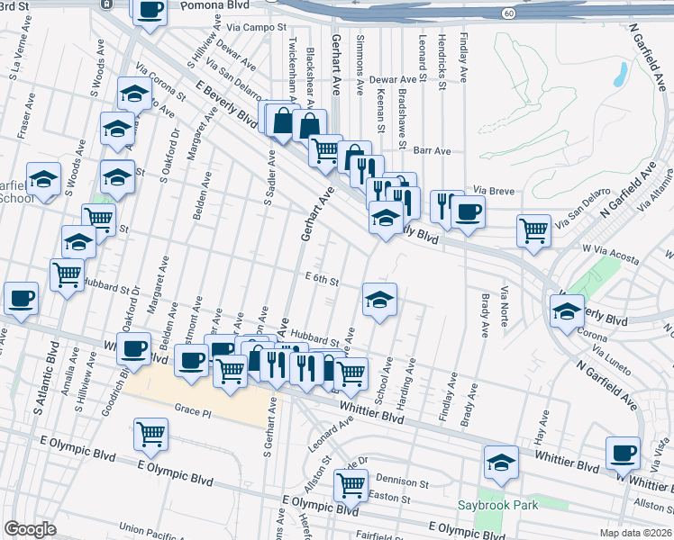 map of restaurants, bars, coffee shops, grocery stores, and more near 564 Simmons Avenue in East Los Angeles