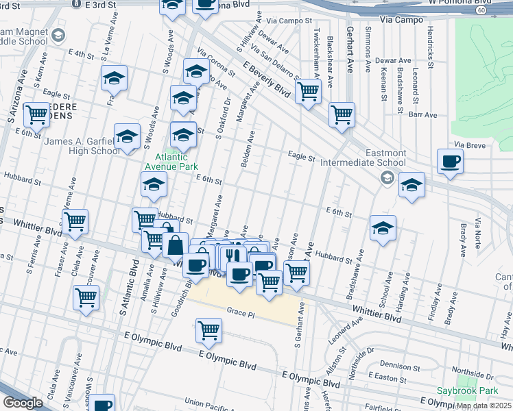 map of restaurants, bars, coffee shops, grocery stores, and more near 621 Eastmont Avenue in East Los Angeles
