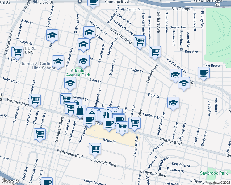 map of restaurants, bars, coffee shops, grocery stores, and more near 621 Eastmont Avenue in East Los Angeles