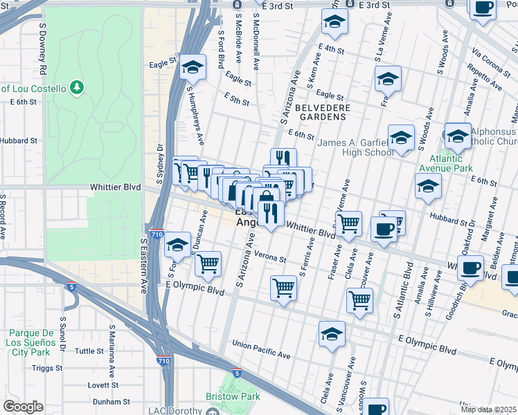 map of restaurants, bars, coffee shops, grocery stores, and more near in East Los Angeles