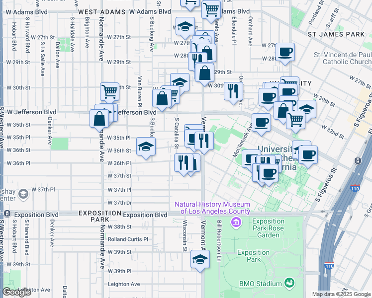 map of restaurants, bars, coffee shops, grocery stores, and more near 1138 West 36th Street in Los Angeles