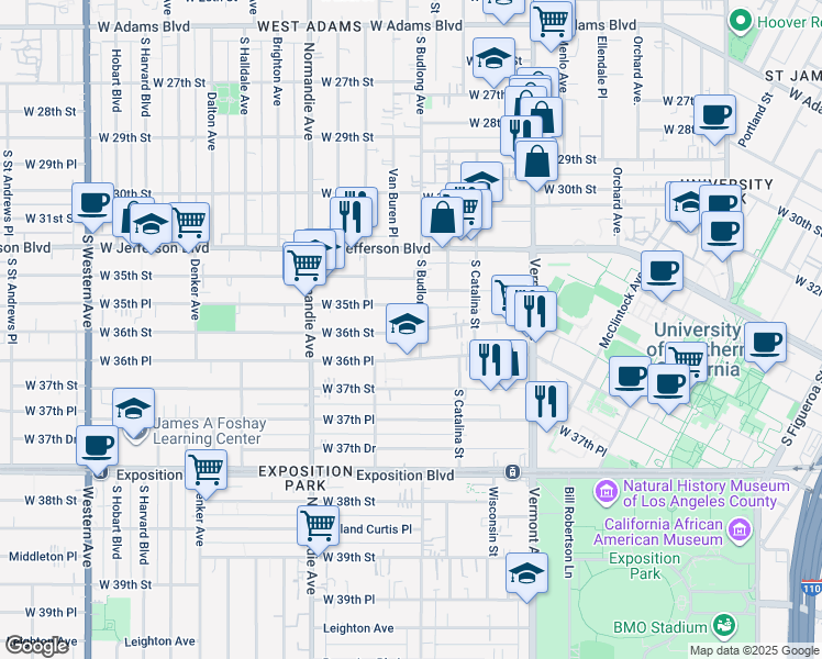 map of restaurants, bars, coffee shops, grocery stores, and more near 1249 West 36th Street in Los Angeles