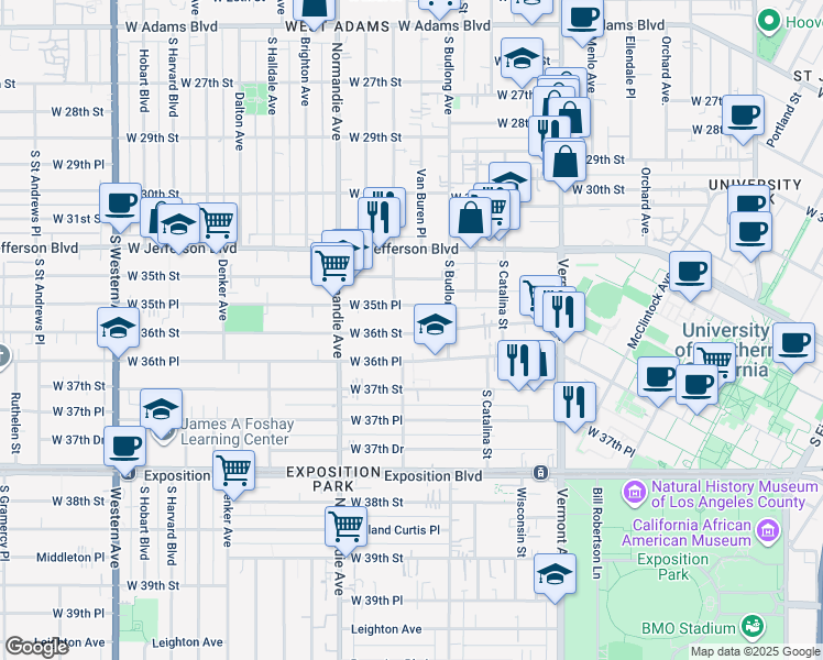 map of restaurants, bars, coffee shops, grocery stores, and more near 1301 West 36th Street in Los Angeles