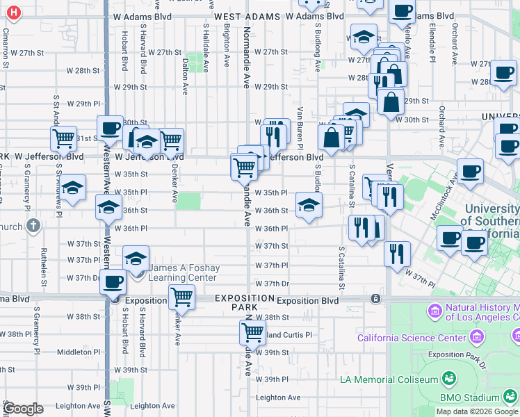 map of restaurants, bars, coffee shops, grocery stores, and more near 1355 West 36th Street in Los Angeles